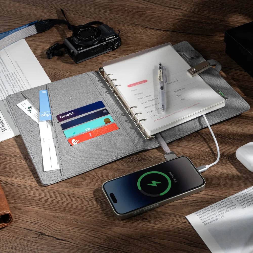 Grey Wireless Charging Notebook with USB Drive, 3-in-1 Cable, Card Slots & Document Pocket, A5 Planner for Business Use