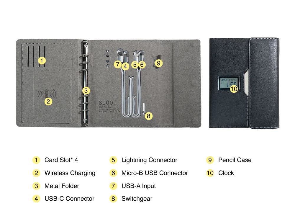 A5 Wireless Charging Notebook with Digital Clock, PU Leather Cover, 3-in-1 Cable and Card Slots for Office or Travel Use
