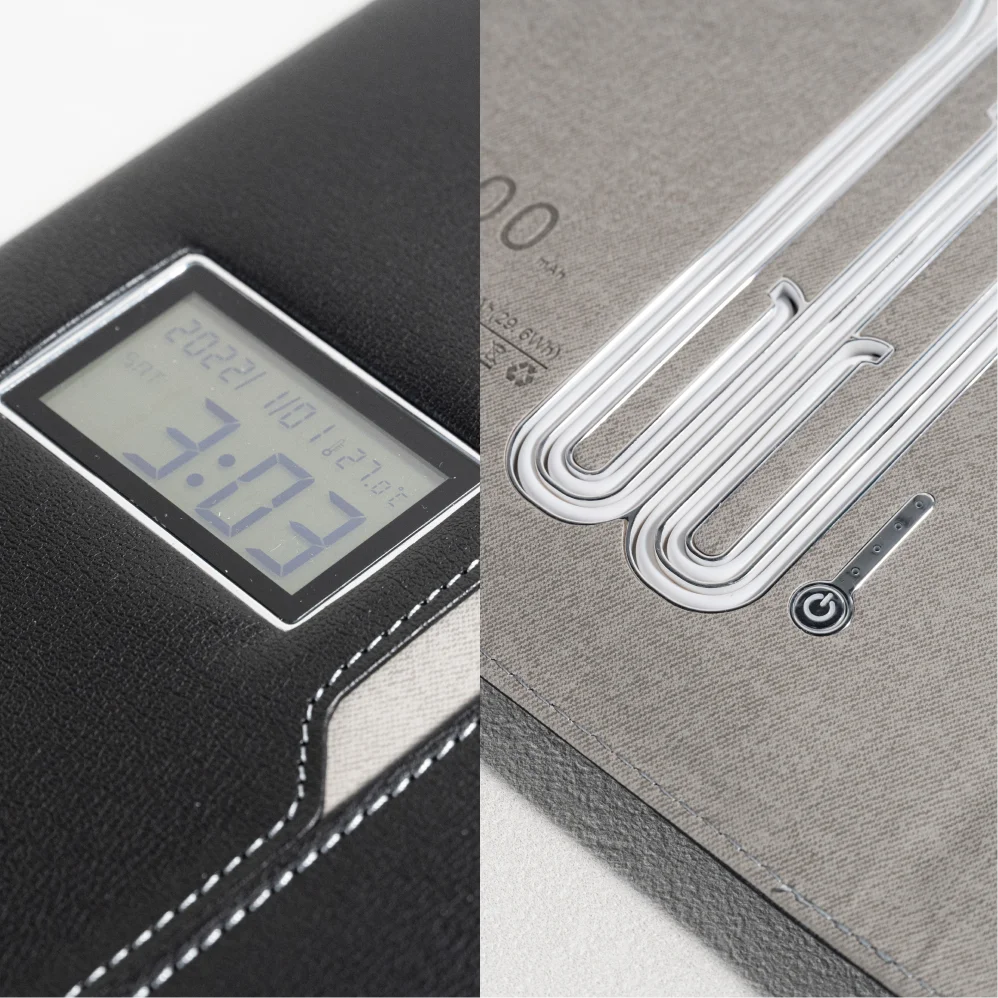 A5 Wireless Charging Notebook with Digital Clock, PU Leather Cover, 3-in-1 Cable and Card Slots for Office or Travel Use