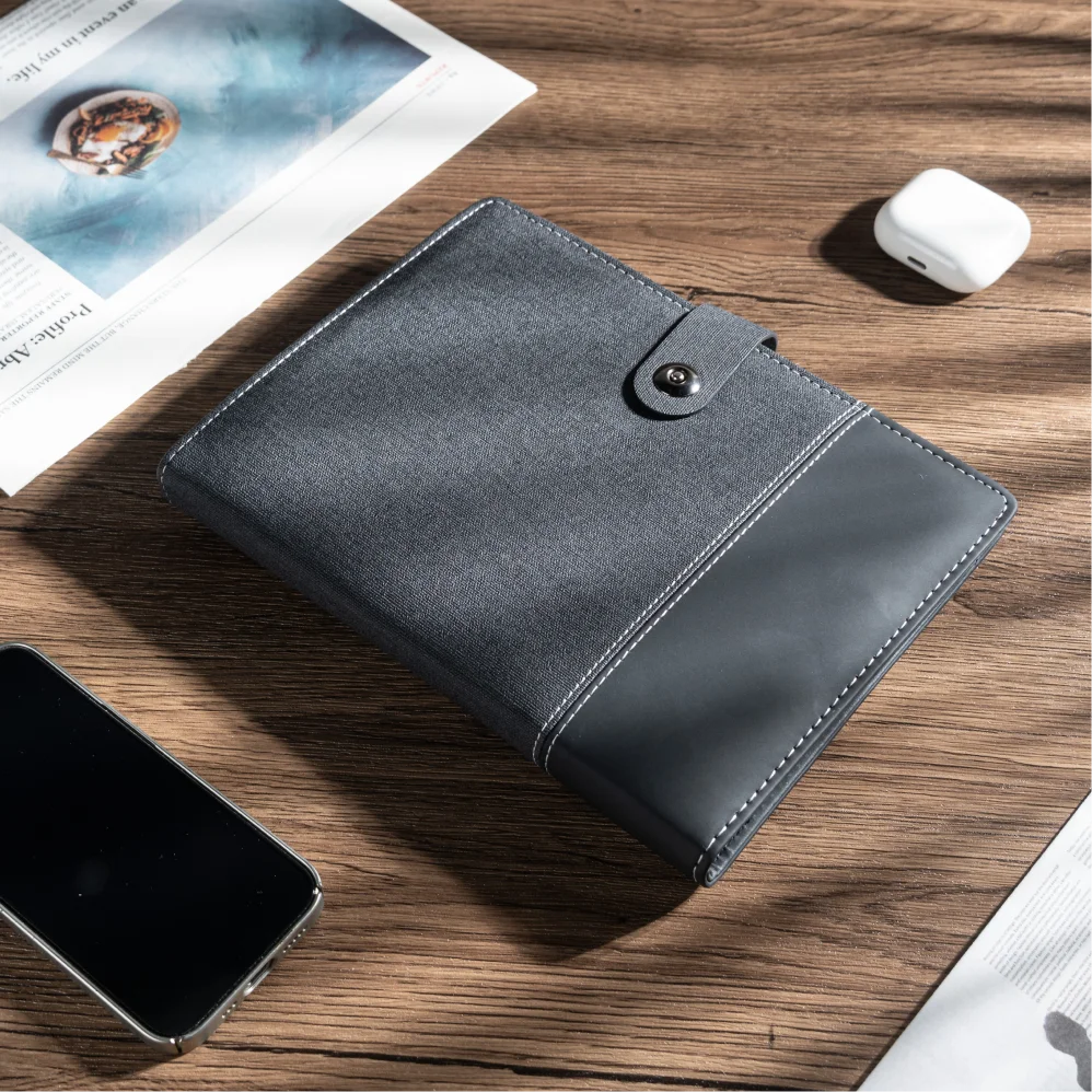 A5 Charging Notebook with Linen and Leather Cover, 3-in-1 Cable, Card Slots, Document Pocket and Premium Paper for Business Trav