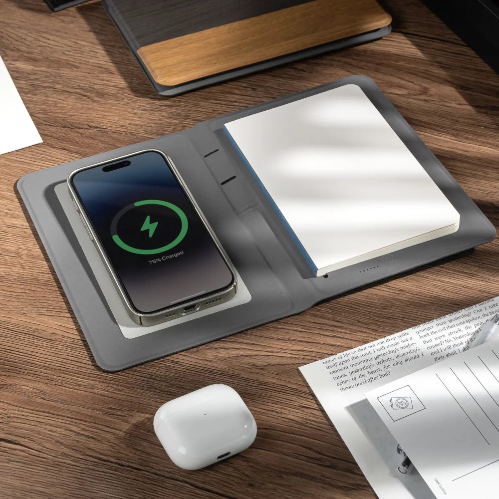 Ultra Slim Wireless Charging Notebook with Hidden Phone Stand, B5 Portable Planner for Work and Travel