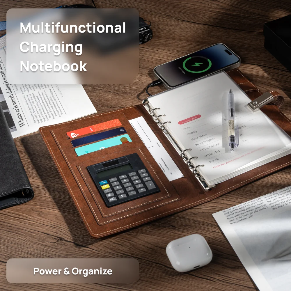 Brown Leather Notebook with built-in Power Bank, Calculator, USB Drive, 3-in-1 Charging Cable, A5 Journal Perfect for Business