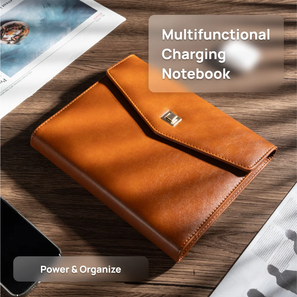 Envelope-Style A5 Charging Notebook with  Leather Cover, 3-in-1 Cable, Card Slots, Document Pocket and Premium Paper