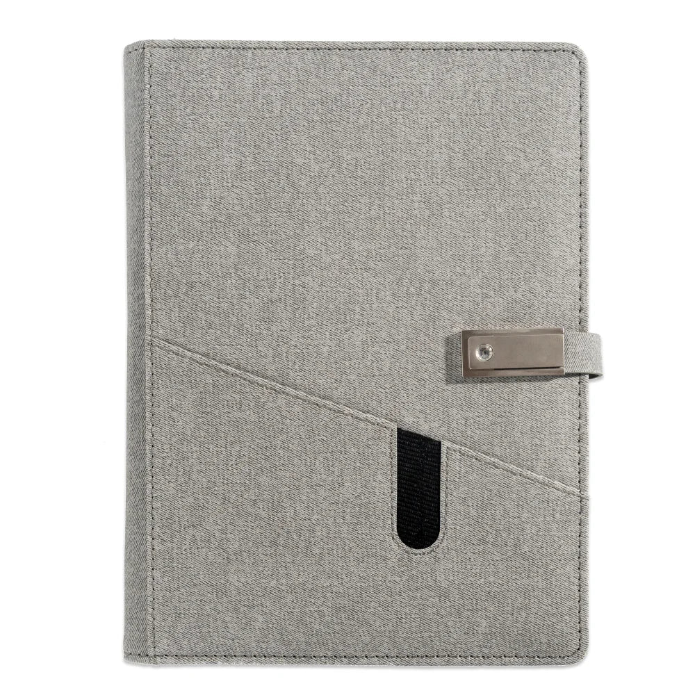Grey Wireless Charging Notebook with USB Drive, 3-in-1 Cable, Card Slots & Document Pocket, A5 Planner for Business Use