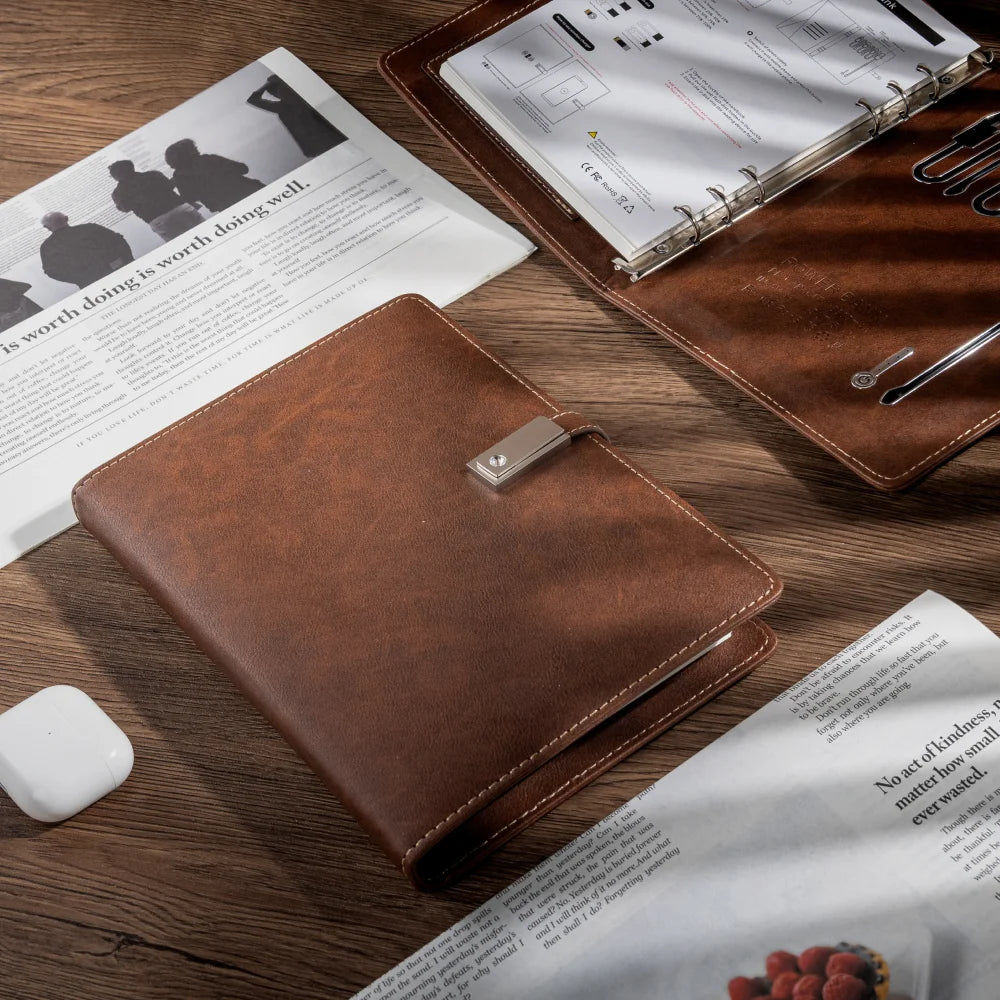 Brown Leather Notebook with built-in Power Bank, Calculator, USB Drive, 3-in-1 Charging Cable, A5 Journal Perfect for Business
