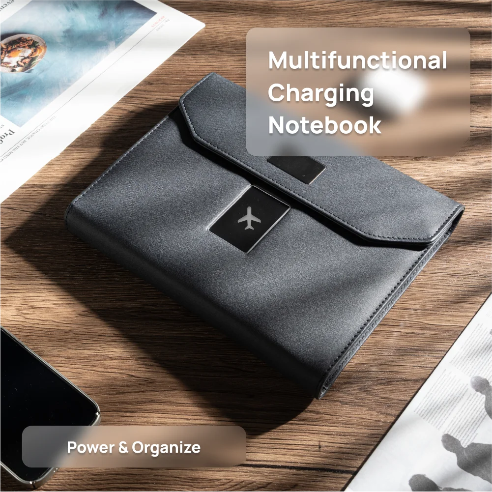 A5 Power Bank Notebook with LED Logo Cover, Wireless Charging, Foldable Phone Stand, USB Drive and 8000mAh Battery