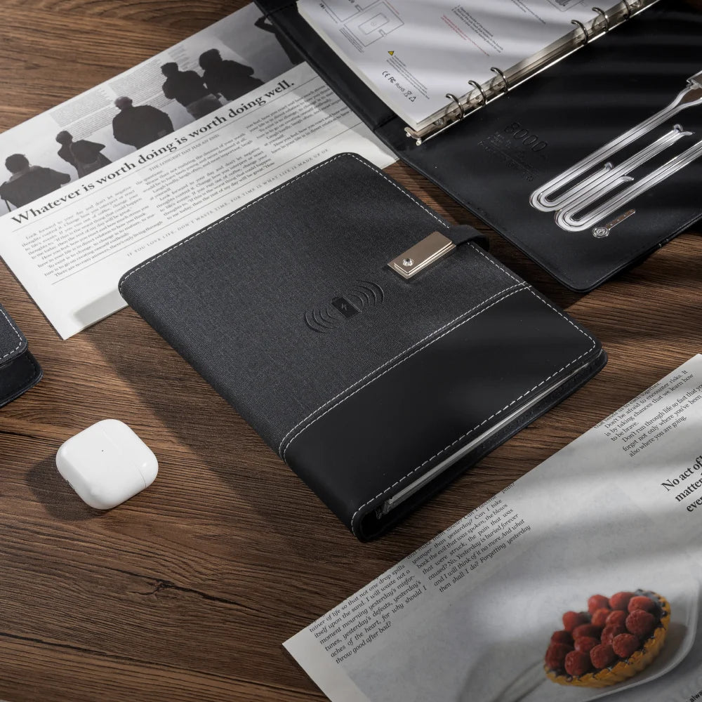 A5 Notebook with built-in Power Bank, wireless Charging, 3-in-1 charging cable, Table light, USB drive.  Journal for Office.