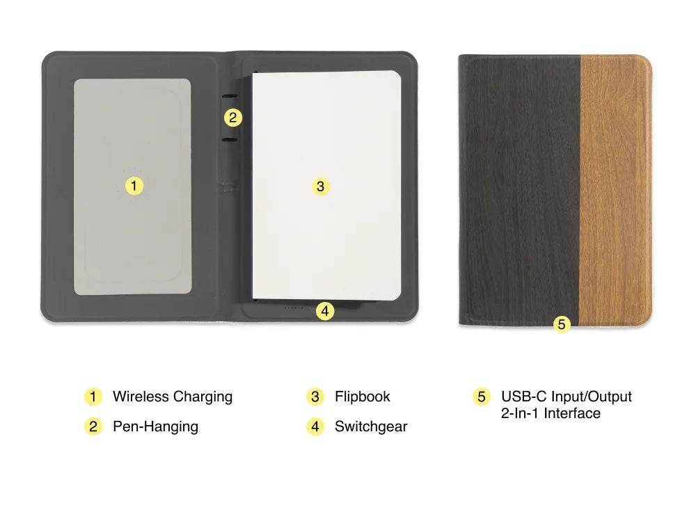 Ultra Slim Wireless Charging Notebook with Hidden Phone Stand, B5 Portable Planner for Work and Travel
