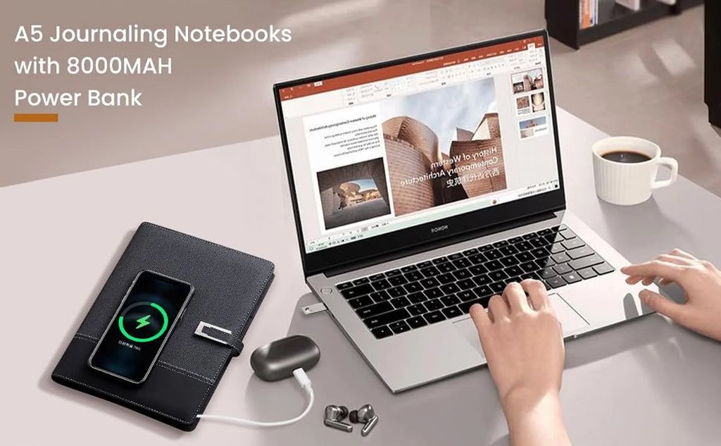 A5 Notebook with built-in Power Bank, wireless Charging, 3-in-1 charging cable, Table light, USB drive.  Journal for Office.