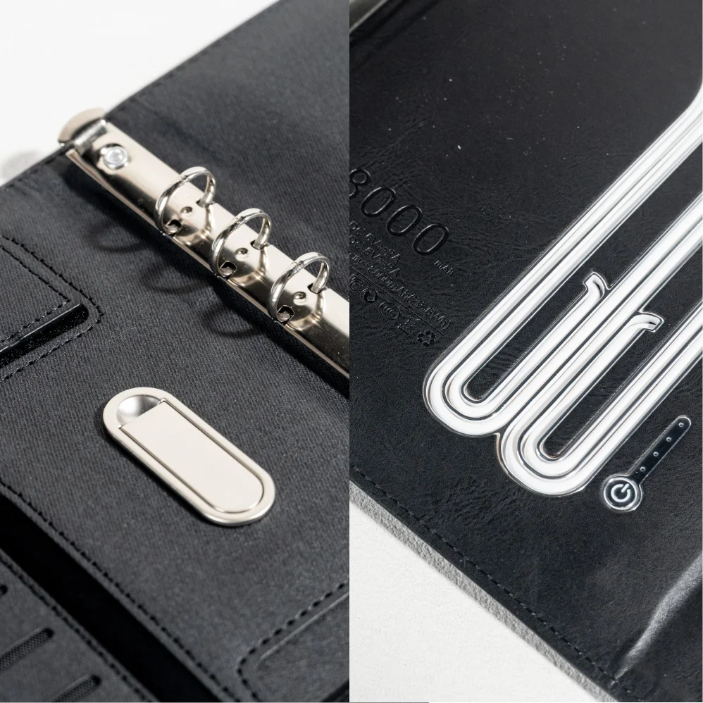A5 Charging Notebook with Waistband Cover Design, 3-in-1 Cable, 8000mAh Power Bank, Card Slots and Document Pocket