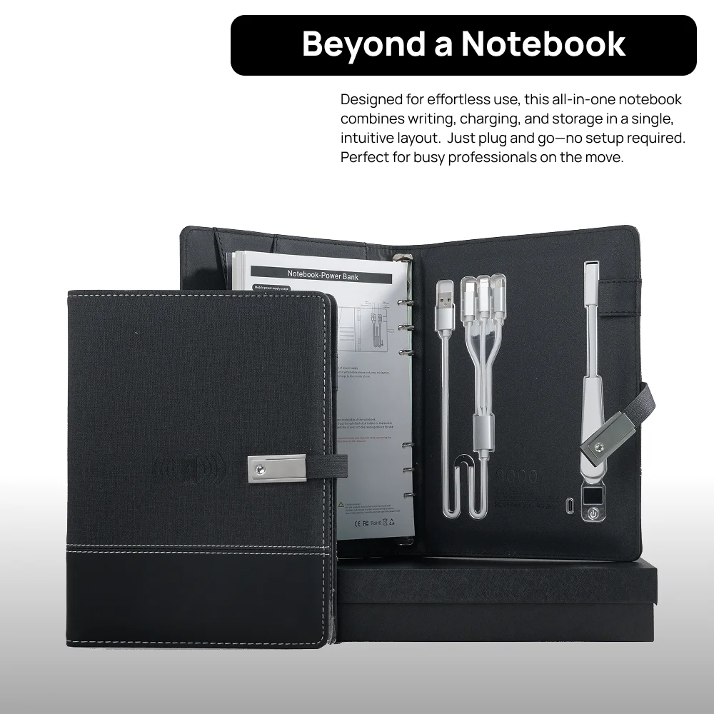 A5 Notebook with built-in Power Bank, wireless Charging, 3-in-1 charging cable, Table light, USB drive.  Journal for Office.