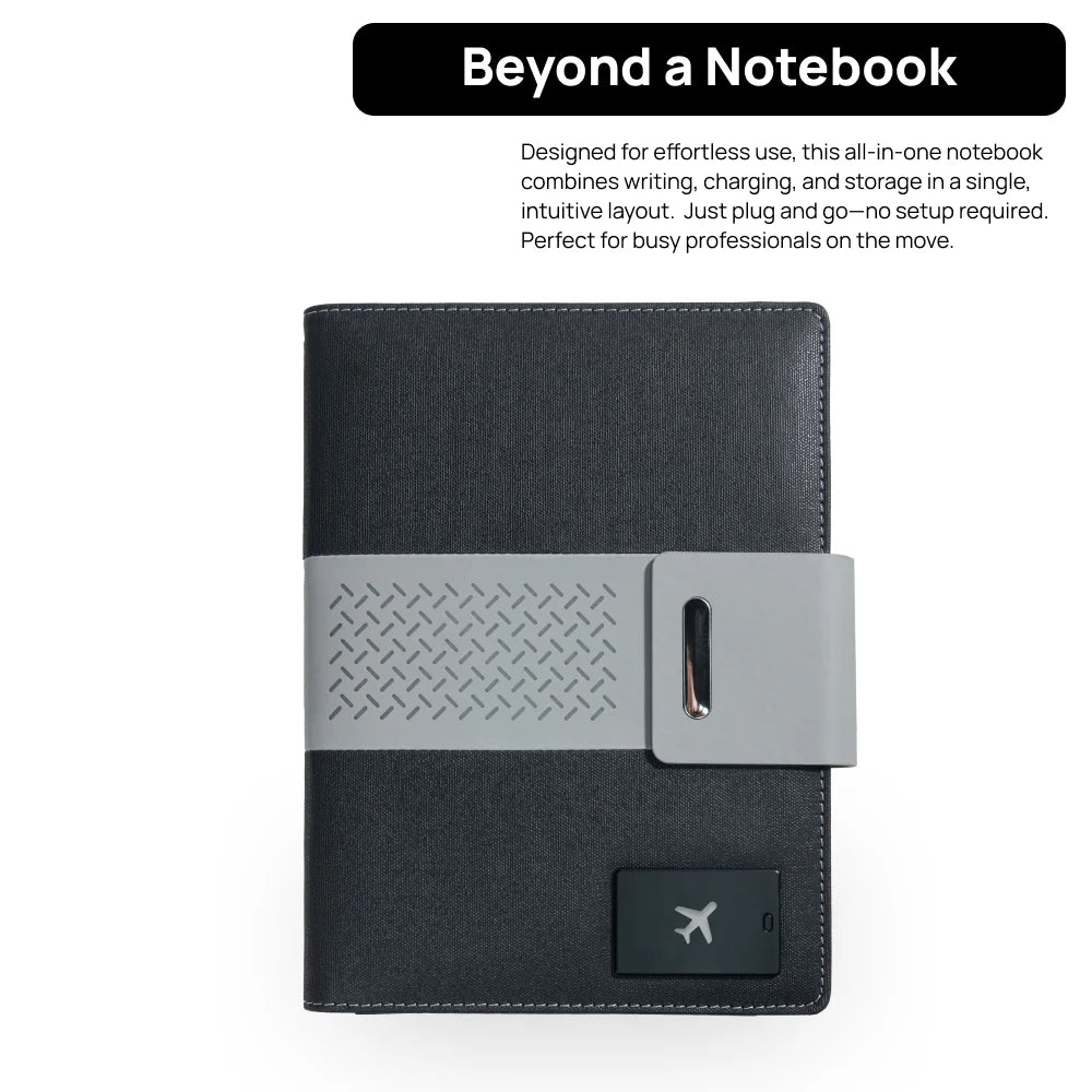 A5 Charging Notebook with Waistband Cover Design, 3-in-1 Cable, 8000mAh Power Bank, Card Slots and Document Pocket