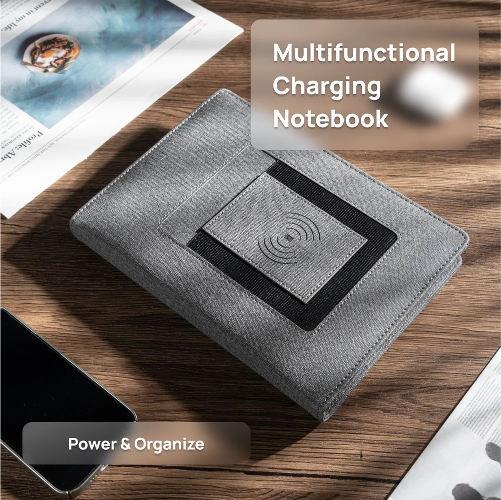 Gift for Travel or Graduation – 6-Ring Wireless Charging Notebook with Card Holder for Office or School Use