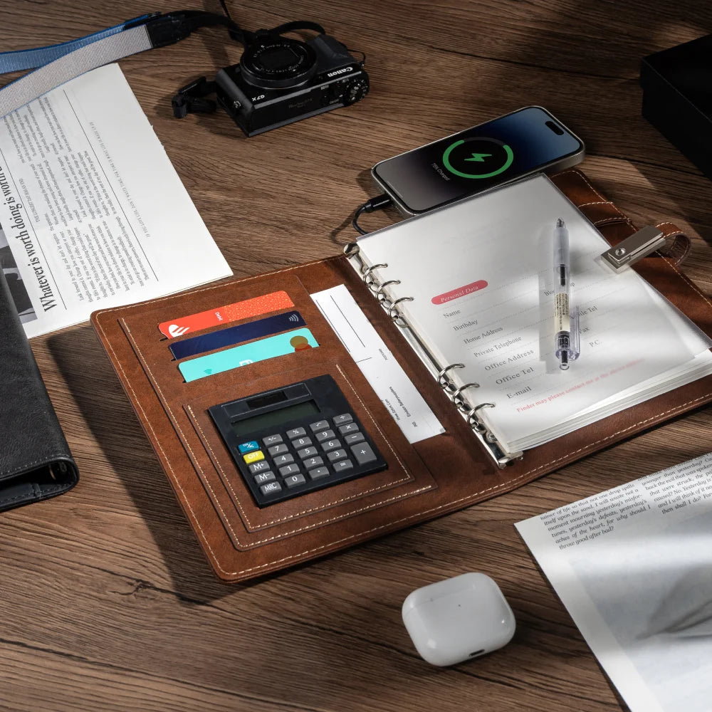 Brown Leather Notebook with built-in Power Bank, Calculator, USB Drive, 3-in-1 Charging Cable, A5 Journal Perfect for Business