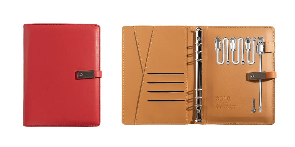 Leather Notebook with Built-in Power Bank, USB Drive, 3-in-1 Charging Cable, and A5 Planner Perfect for Business, Travel, Gift