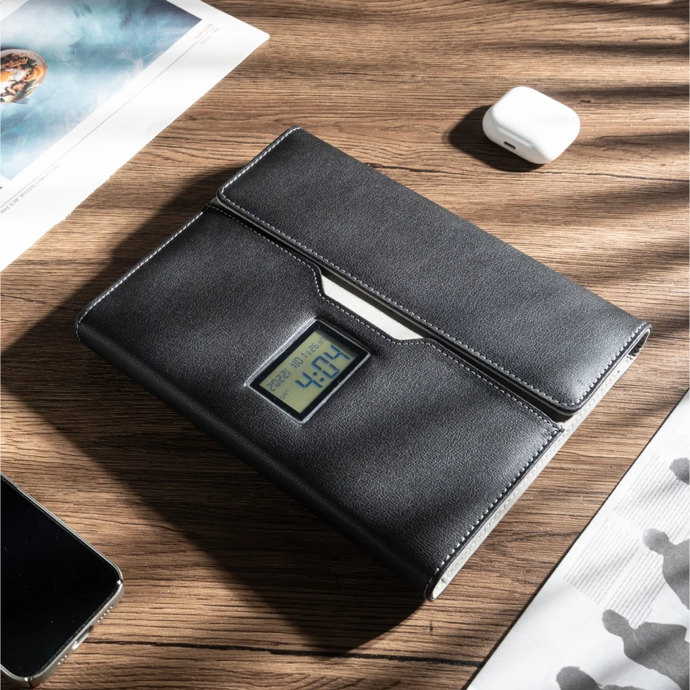 A5 Wireless Charging Notebook with Digital Clock, PU Leather Cover, 3-in-1 Cable and Card Slots for Office or Travel Use