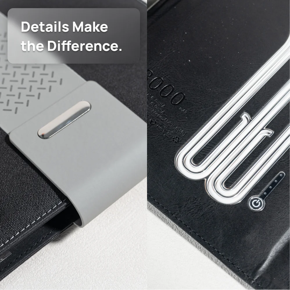 A5 Wireless Charging Notebook with PU Leather Cover, 3-in-1 Cable, Document Pocket and Foldable Phone Stand