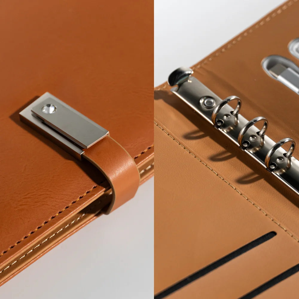 Leather Notebook with Built-in Power Bank, USB Drive, 3-in-1 Charging Cable, and A5 Planner Perfect for Business, Travel, Gift