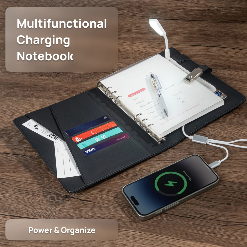 A5 Notebook with built-in Power Bank, wireless Charging, 3-in-1 charging cable, Table light, USB drive.  Journal for Office.