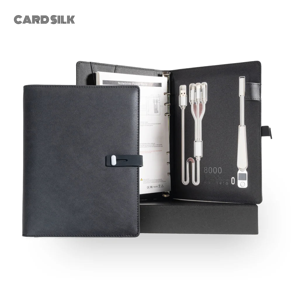 A5 Charging Notebook with Built-in 3-in-1 Cable, Night Light, PU Leather Cover, Card Slots and Document Pocket