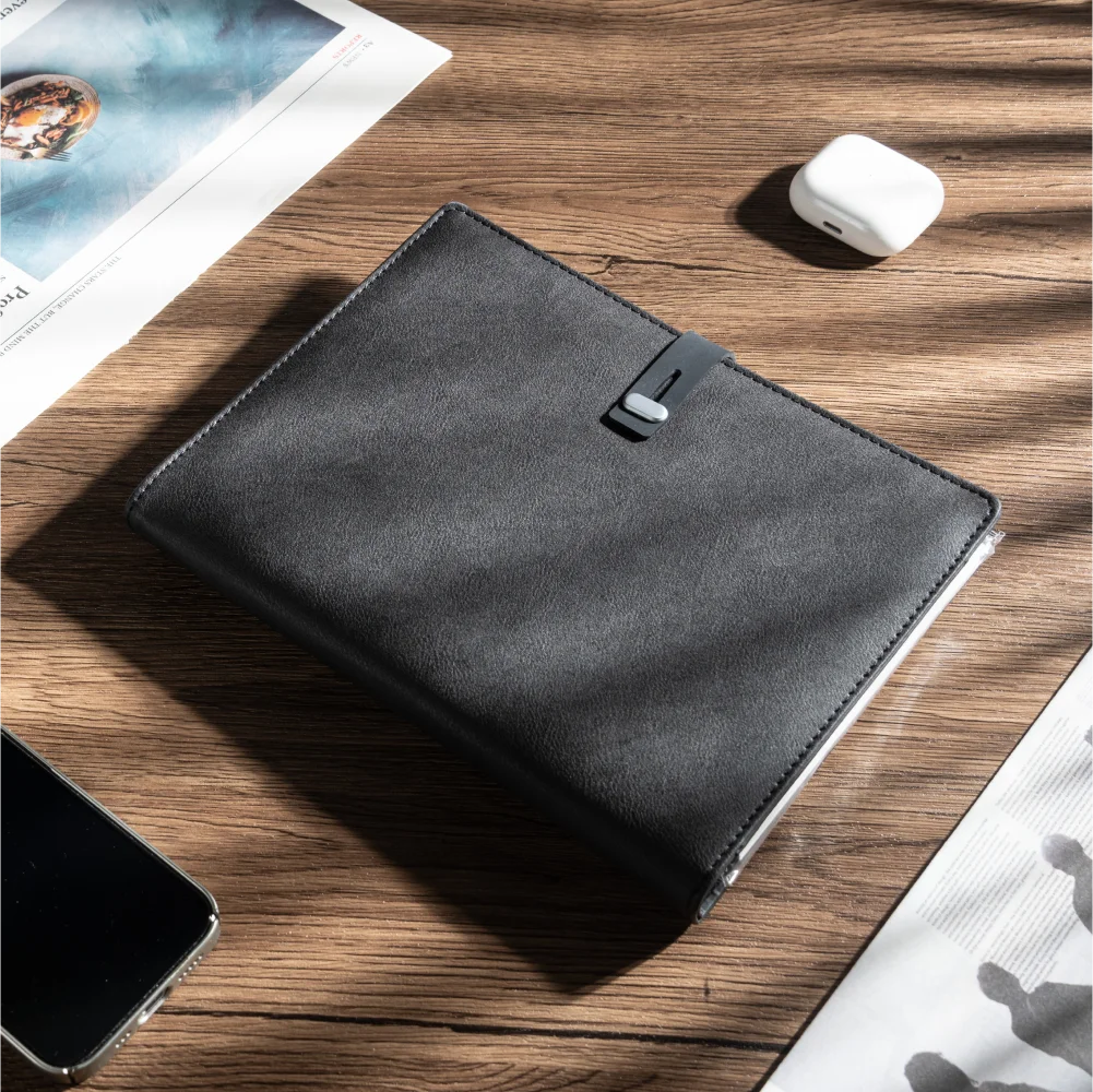 A5 Charging Notebook with Built-in 3-in-1 Cable, Night Light, PU Leather Cover, Card Slots and Document Pocket