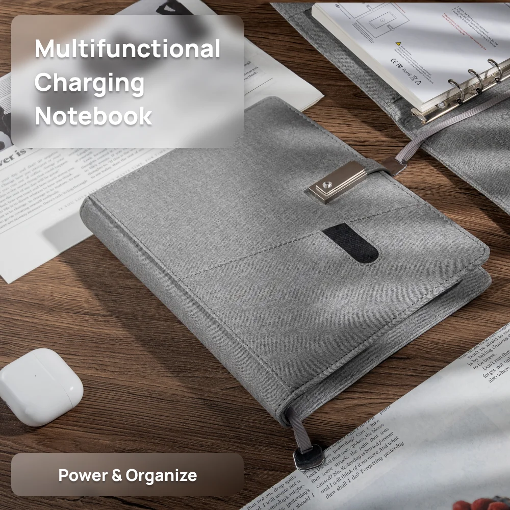 Grey Wireless Charging Notebook with USB Drive, 3-in-1 Cable, Card Slots & Document Pocket, A5 Planner for Business Use