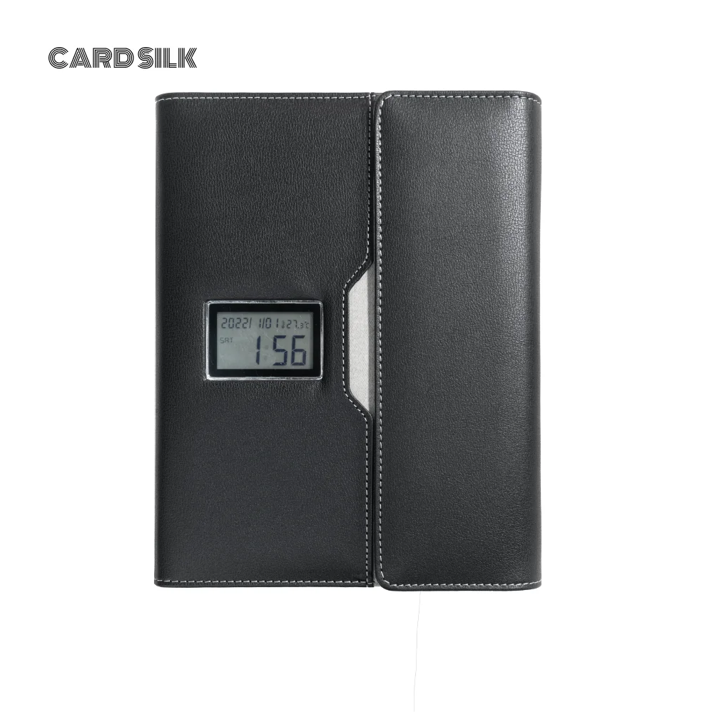 A5 Wireless Charging Notebook with Digital Clock, PU Leather Cover, 3-in-1 Cable and Card Slots for Office or Travel Use