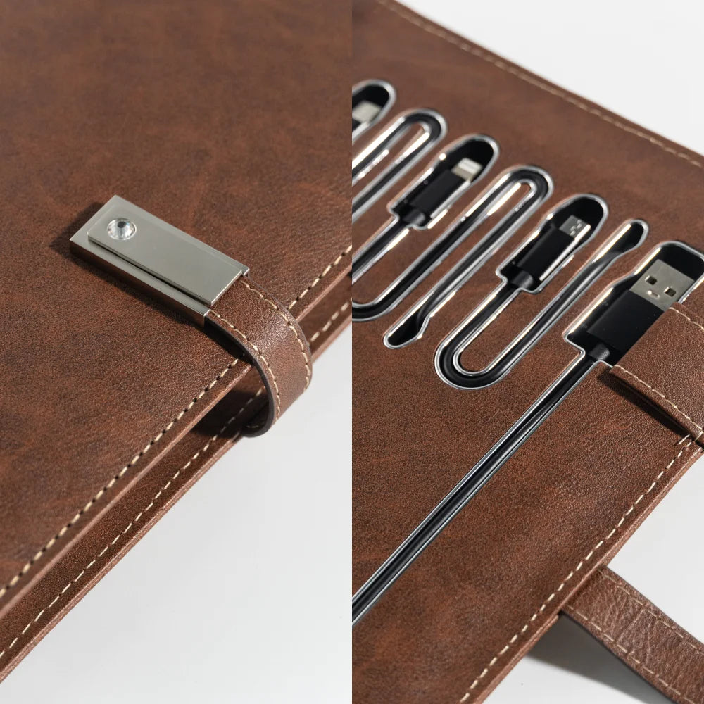 Brown Leather Notebook with built-in Power Bank, Calculator, USB Drive, 3-in-1 Charging Cable, A5 Journal Perfect for Business