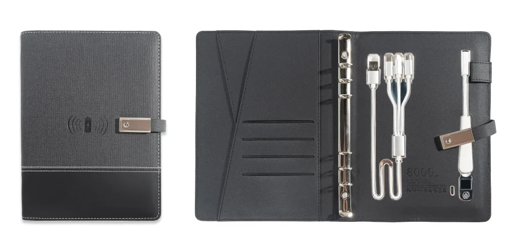 A5 Notebook with built-in Power Bank, wireless Charging, 3-in-1 charging cable, Table light, USB drive.  Journal for Office.