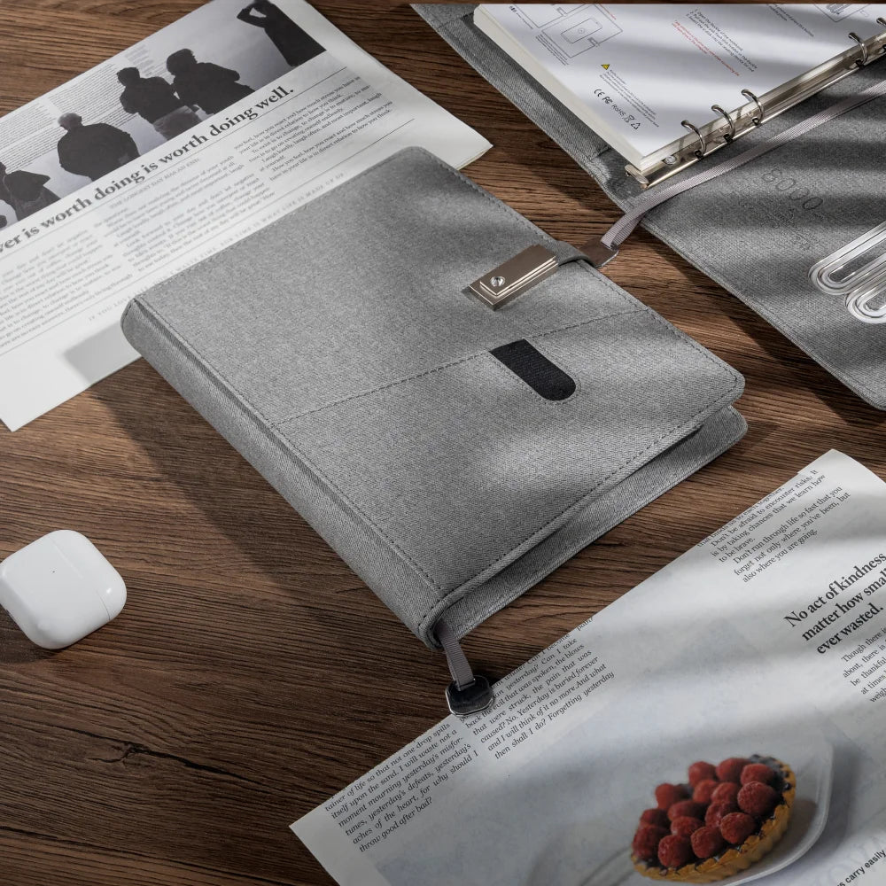 Grey Wireless Charging Notebook with USB Drive, 3-in-1 Cable, Card Slots & Document Pocket, A5 Planner for Business Use