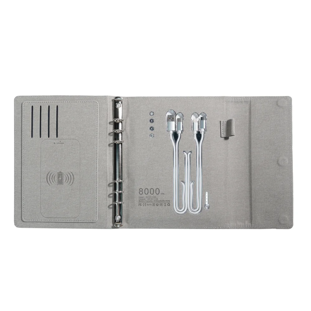 A5 Wireless Charging Notebook with Digital Clock, PU Leather Cover, 3-in-1 Cable and Card Slots for Office or Travel Use
