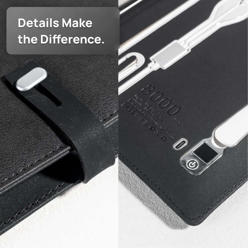 A5 Charging Notebook with Built-in 3-in-1 Cable, Night Light, PU Leather Cover, Card Slots and Document Pocket