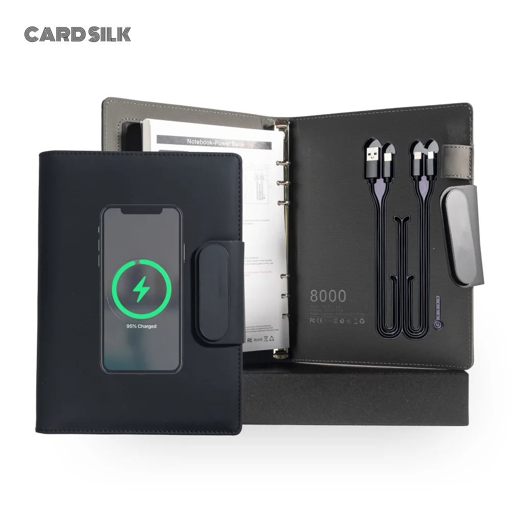 A5 Wireless Charging Notebook with PU Leather Cover, 3-in-1 Cable, Document Pocket and Foldable Phone Stand