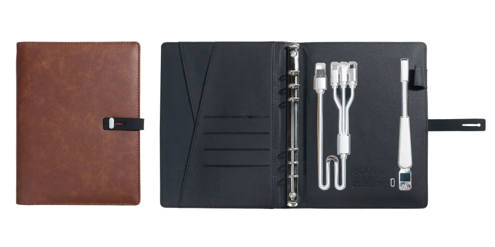 A5 Charging Notebook with Built-in 3-in-1 Cable, Night Light, PU Leather Cover, Card Slots and Document Pocket