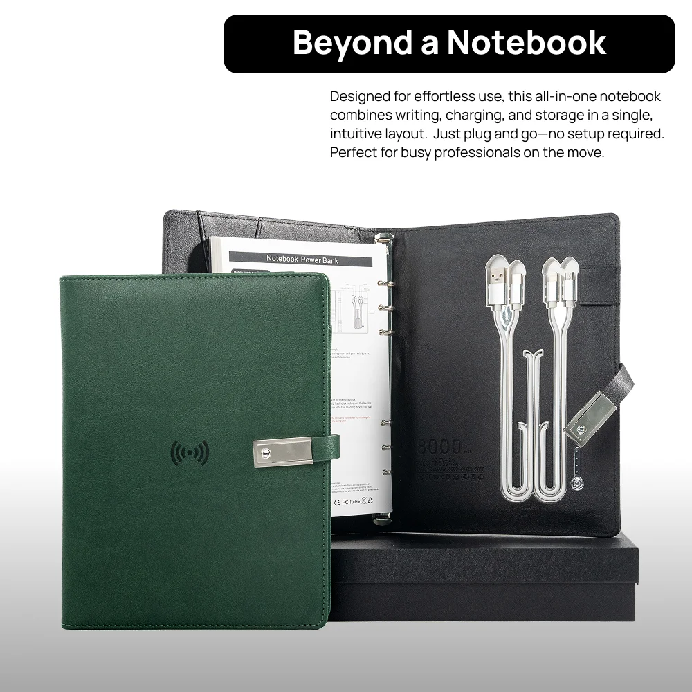 A5 Leather Notebook with built-in Power Bank, wireless charging,  3-in-1 charging Cable. Portable Journal for Business, Travel