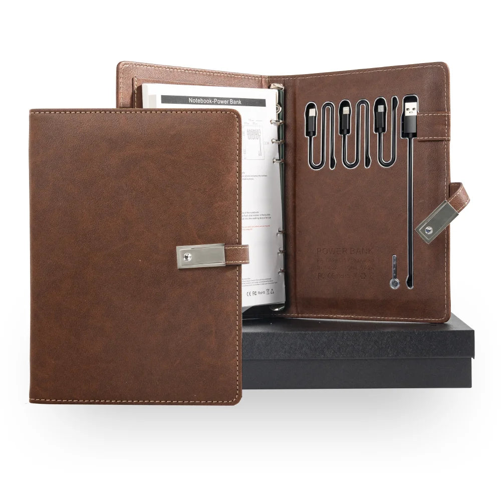 Brown Leather Notebook with built-in Power Bank, Calculator, USB Drive, 3-in-1 Charging Cable, A5 Journal Perfect for Business