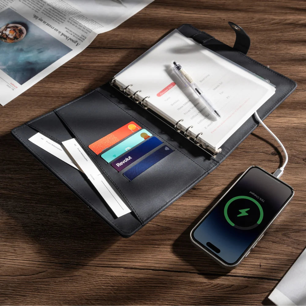A5 Charging Notebook with Linen and Leather Cover, 3-in-1 Cable, Card Slots, Document Pocket and Premium Paper for Business Trav