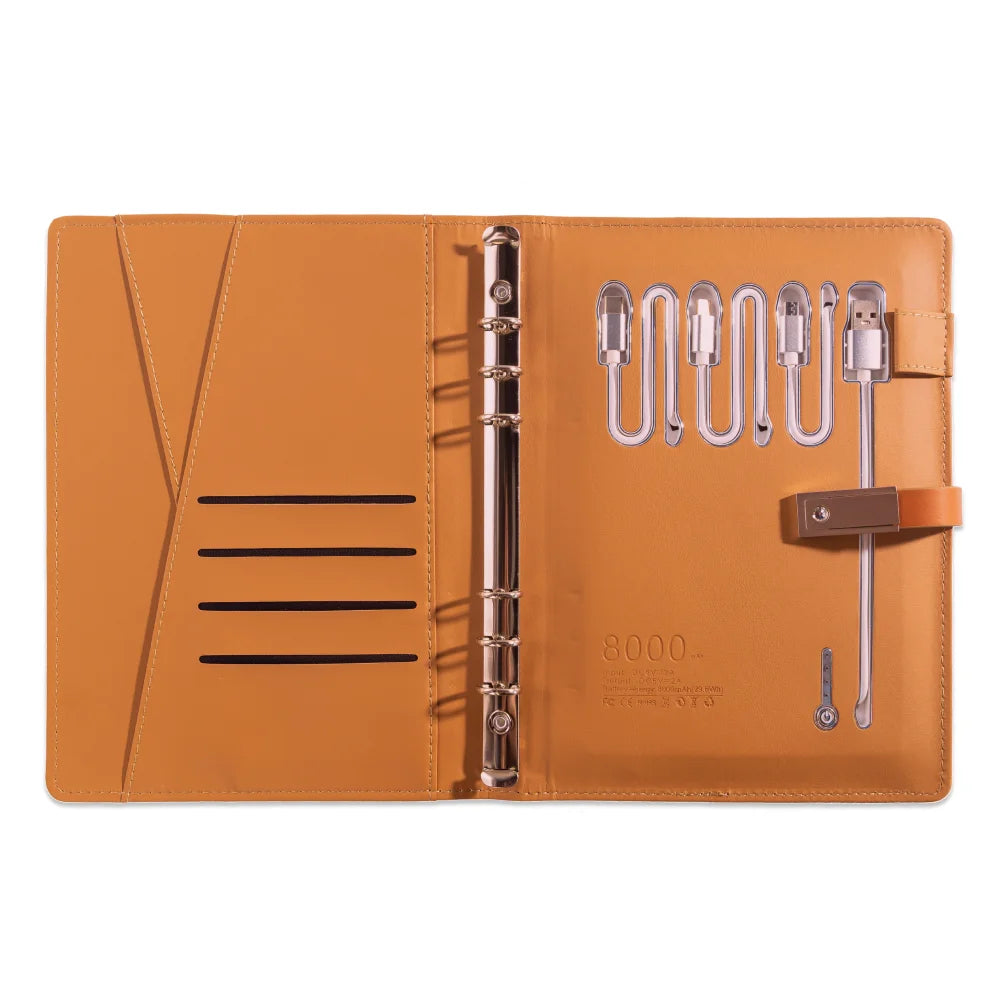 Leather Notebook with Built-in Power Bank, USB Drive, 3-in-1 Charging Cable, and A5 Planner Perfect for Business, Travel, Gift