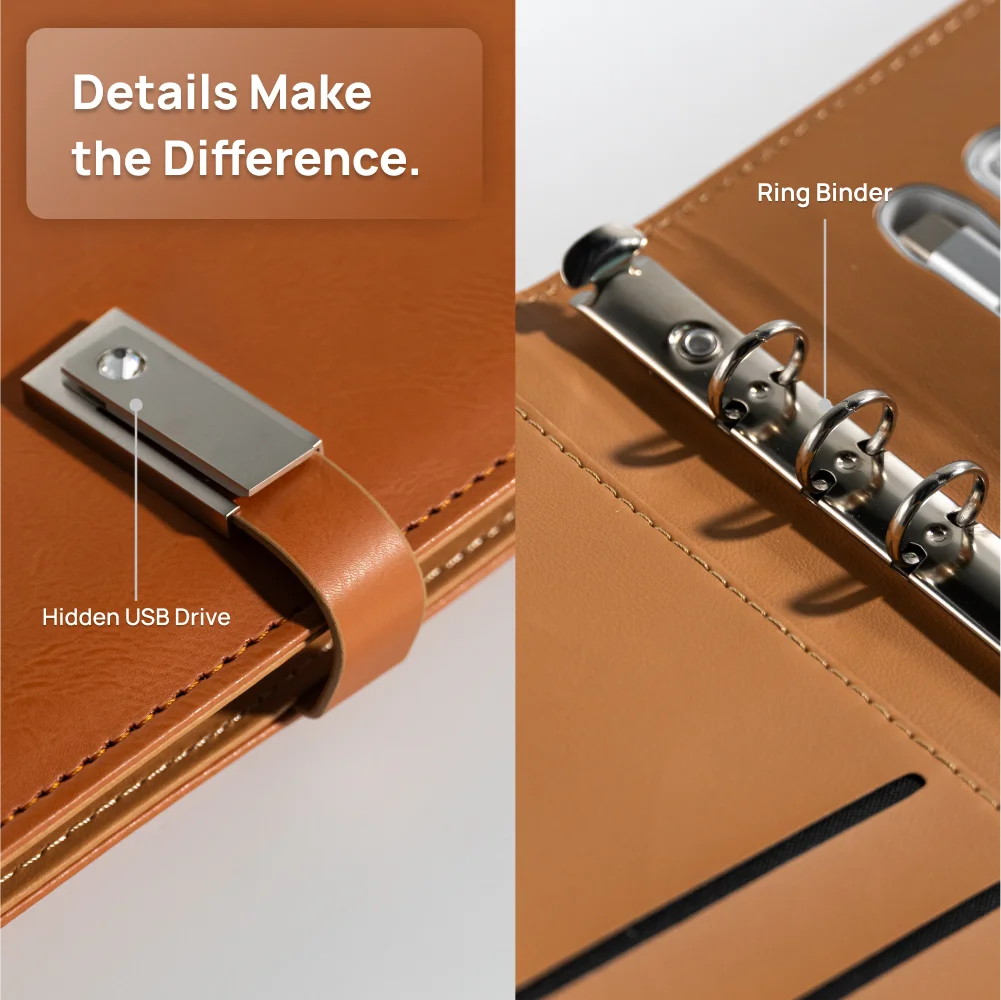 Leather Notebook with Built-in Power Bank, USB Drive, 3-in-1 Charging Cable, and A5 Planner Perfect for Business, Travel, Gift
