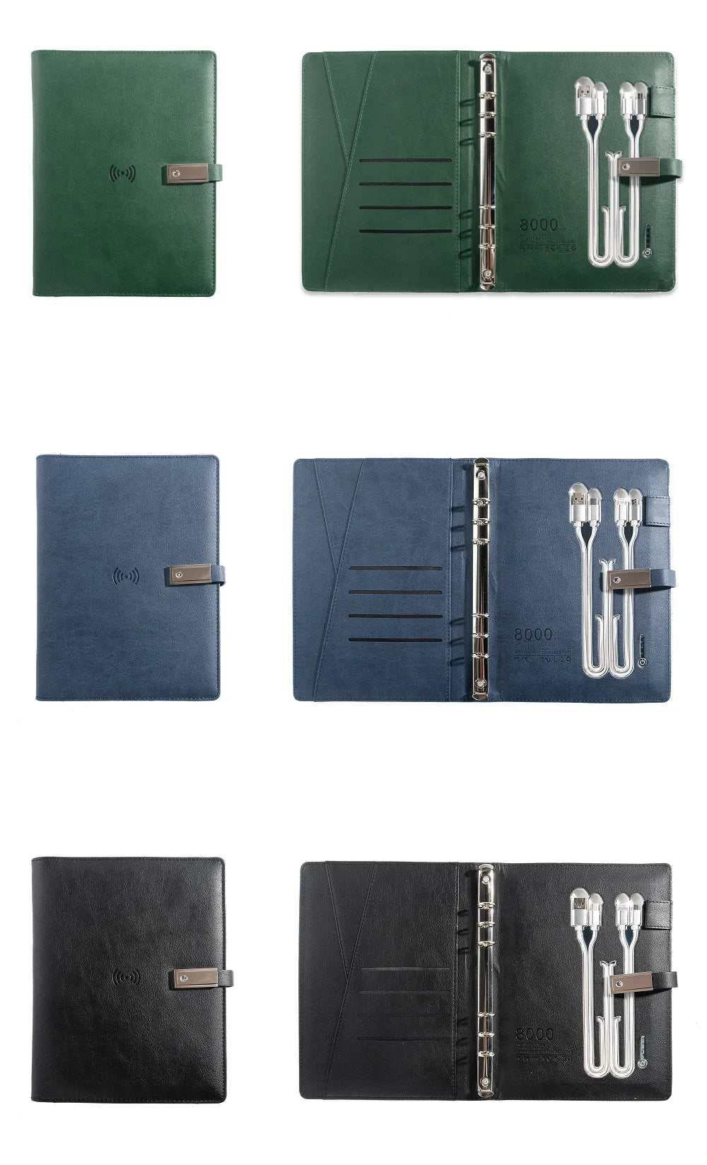 A5 Leather Notebook with built-in Power Bank, wireless charging,  3-in-1 charging Cable. Portable Journal for Business, Travel