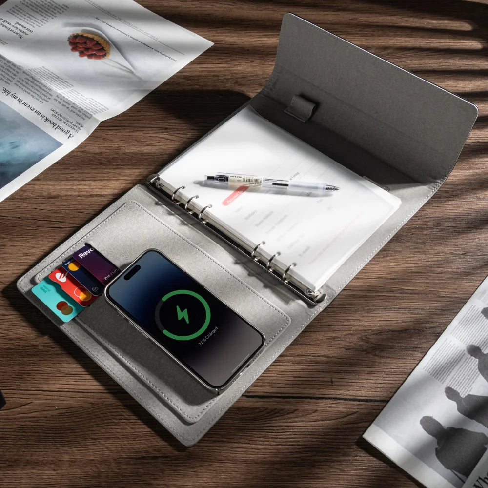 A5 Wireless Charging Notebook with Digital Clock, PU Leather Cover, 3-in-1 Cable and Card Slots for Office or Travel Use