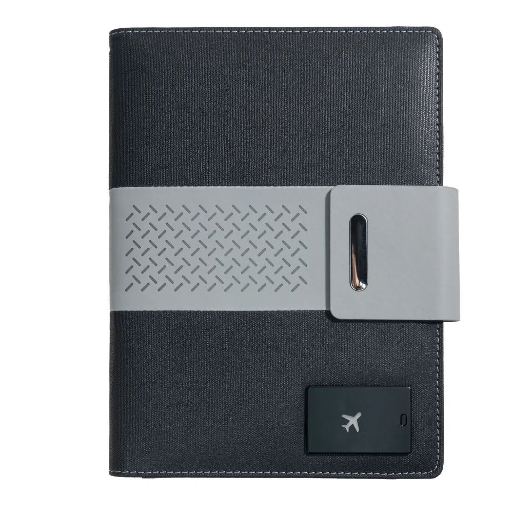 A5 Charging Notebook with Waistband Cover Design, 3-in-1 Cable, 8000mAh Power Bank, Card Slots and Document Pocket