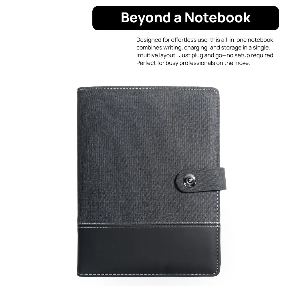 A5 Charging Notebook with Linen and Leather Cover, 3-in-1 Cable, Card Slots, Document Pocket and Premium Paper for Business Trav