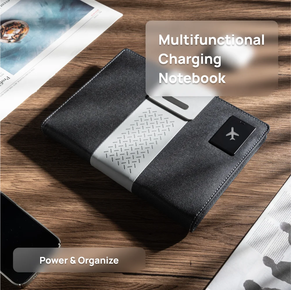 A5 Charging Notebook with Waistband Cover Design, 3-in-1 Cable, 8000mAh Power Bank, Card Slots and Document Pocket