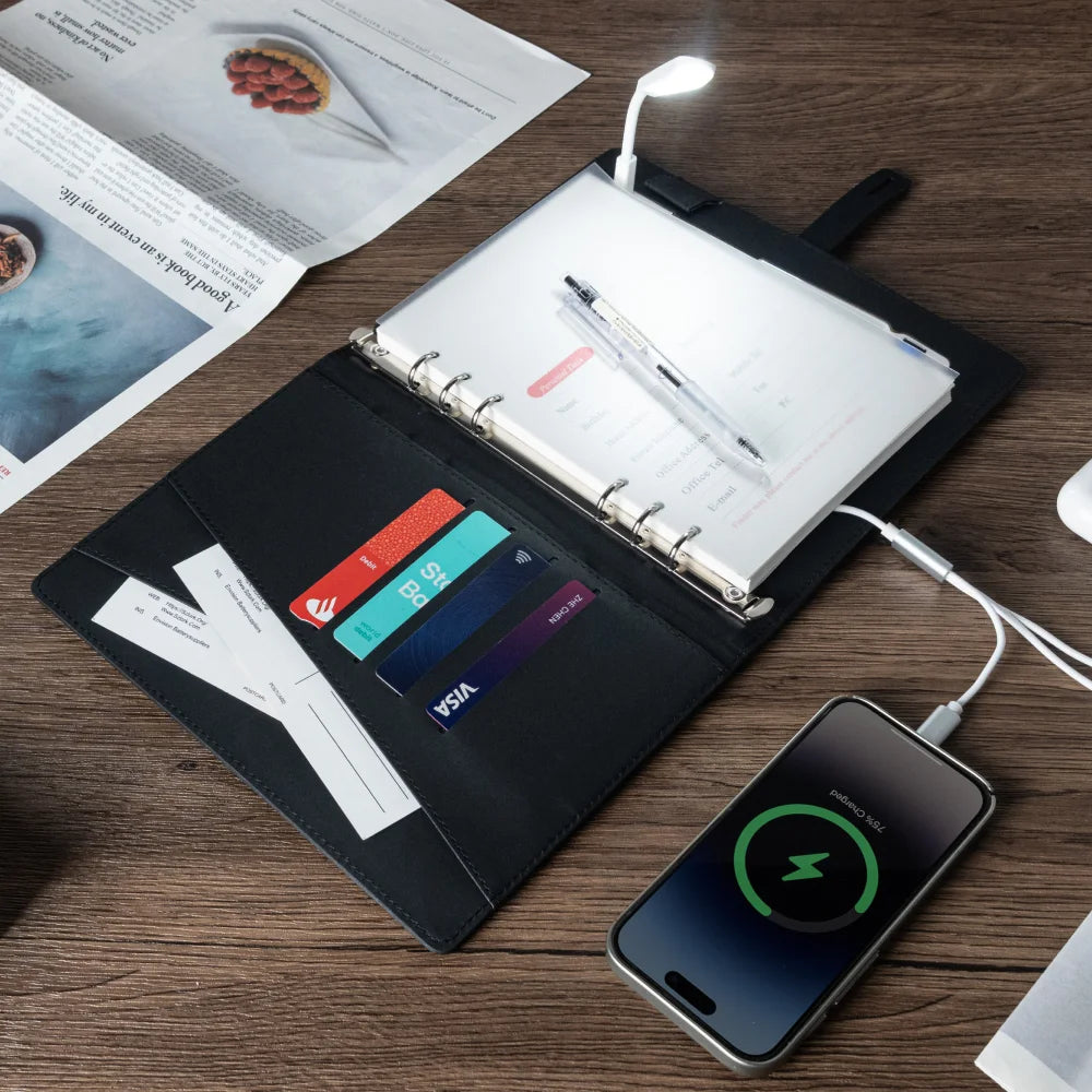 A5 Charging Notebook with Built-in 3-in-1 Cable, Night Light, PU Leather Cover, Card Slots and Document Pocket