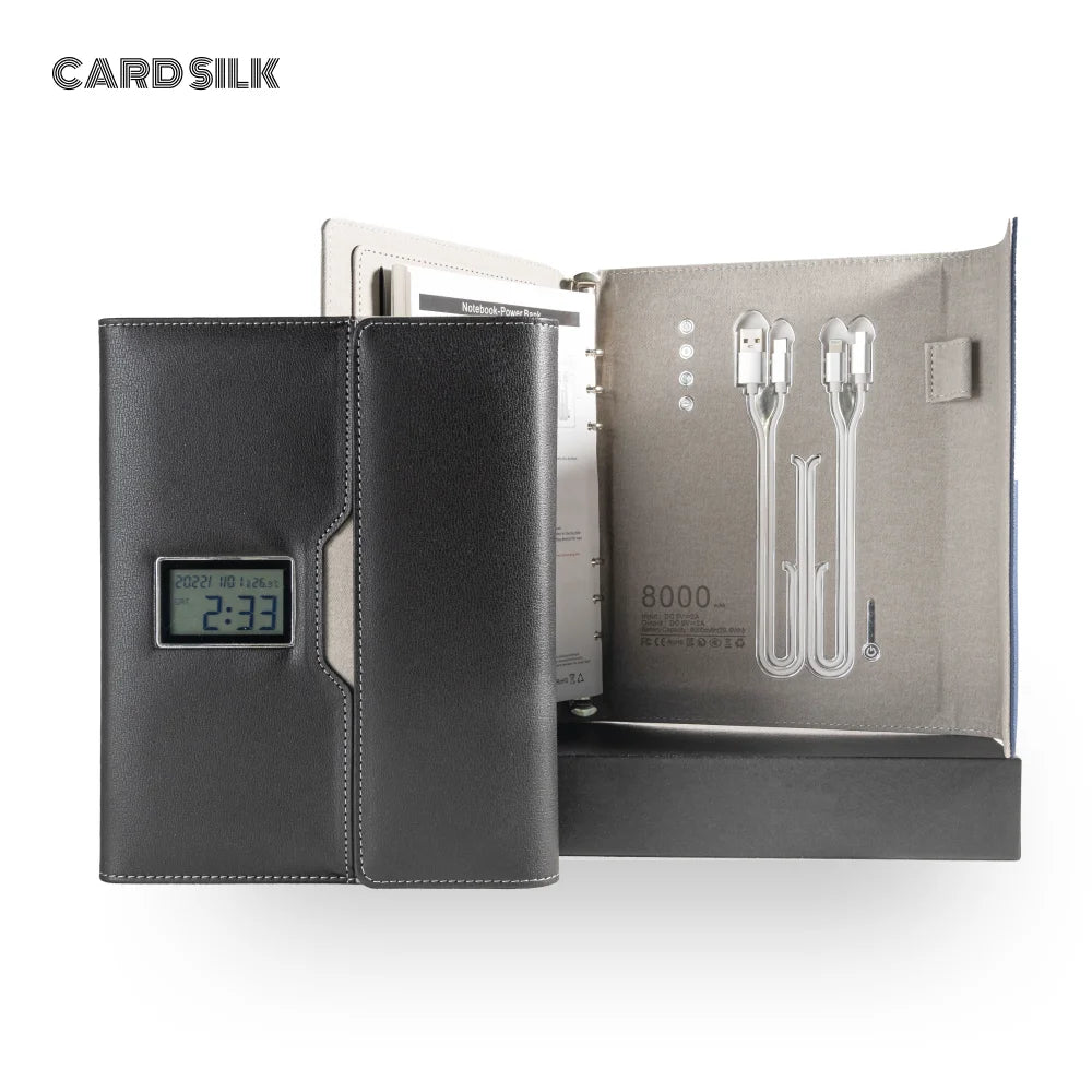 A5 Wireless Charging Notebook with Digital Clock, PU Leather Cover, 3-in-1 Cable and Card Slots for Office or Travel Use