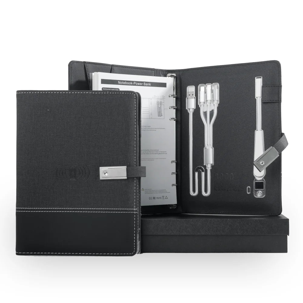 A5 Notebook with built-in Power Bank, wireless Charging, 3-in-1 charging cable, Table light, USB drive.  Journal for Office.