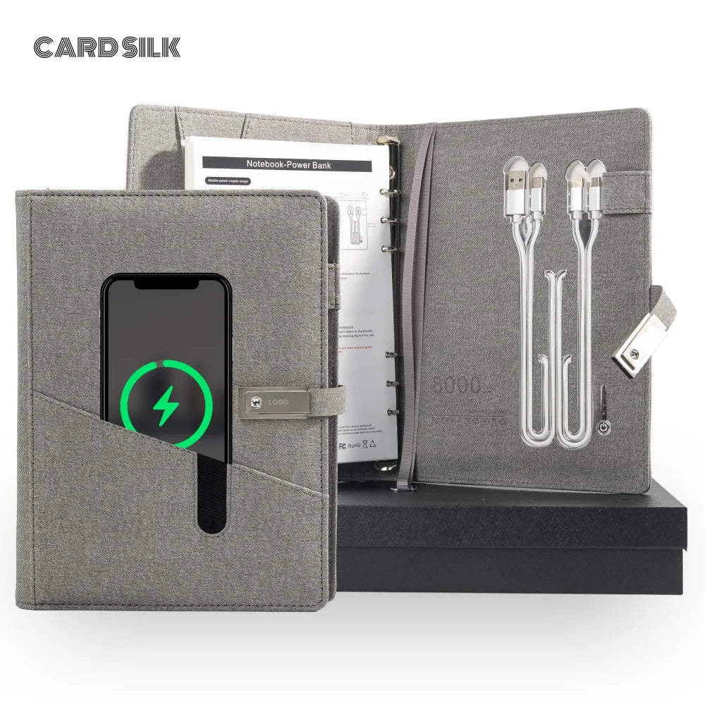 Grey Wireless Charging Notebook with USB Drive, 3-in-1 Cable, Card Slots & Document Pocket, A5 Planner for Business Use