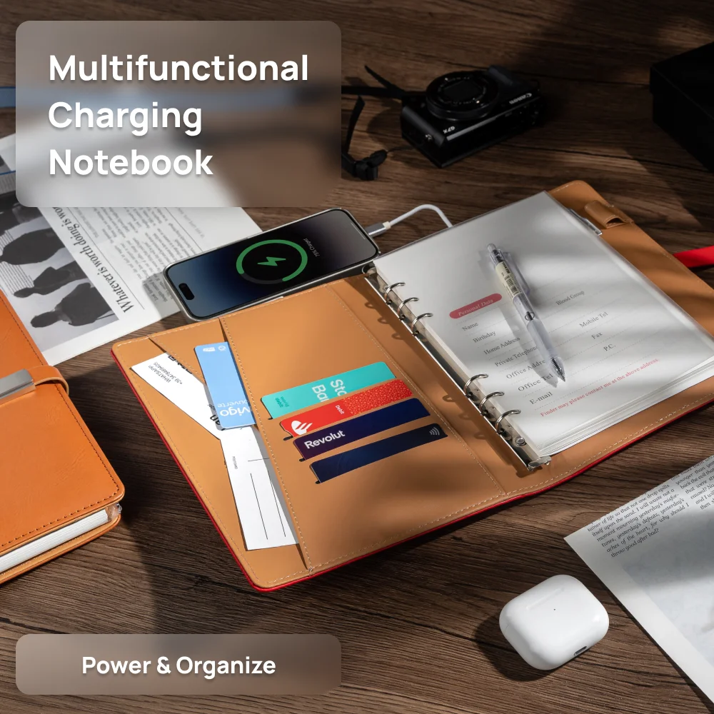 Leather Notebook with Built-in Power Bank, USB Drive, 3-in-1 Charging Cable, and A5 Planner Perfect for Business, Travel, Gift