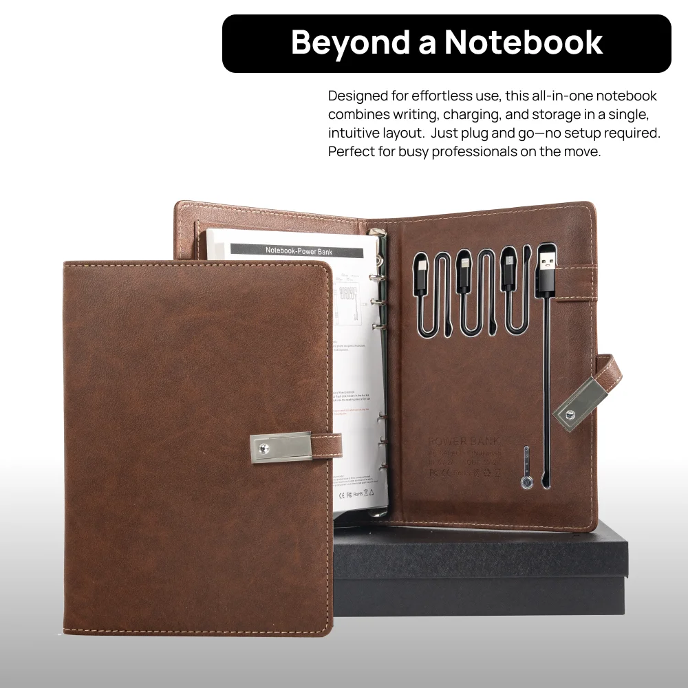 Brown Leather Notebook with built-in Power Bank, Calculator, USB Drive, 3-in-1 Charging Cable, A5 Journal Perfect for Business